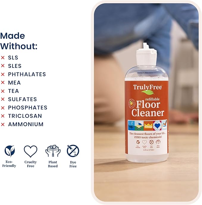 Truly Free Floor Cleaner Kit - Plant-Based Mopping Solution (16oz Reusable Empty Bottle + Two Pouches, 3oz ea.) - DIY All-Surface Cleaner for Hardwood, Tile, Wood & Concrete