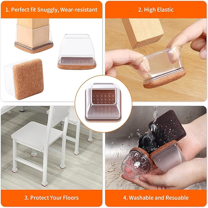 Ezprotekt 24 Pcs Clear Square Chair Leg Floor Protectors with Felt, Silicone Felt Furniture Pads for Hardwood Floor, Dining Table Leg Caps Covers No Scratches and Noise (L Fit: 1" - 1.4")