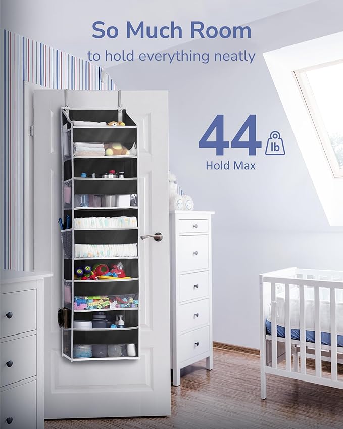 ULG 1 Pack Over The Door Organizer – 5 Shelf Door Organizer Hanging & 10 Side Pockets, Reinforced 44LB Capacity Hanging Organizer, Behind The Door Storage for Bedroom, Nursery, Pantry (Black)