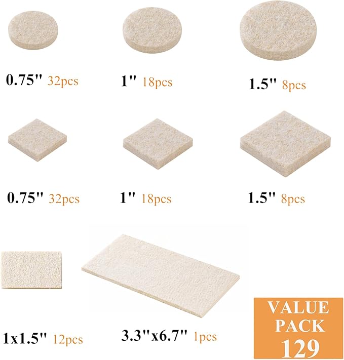 Felt Furniture Pads for Hardwood Floors 129 Piece, Furnigear Anti Scratches Felt Pads for Round, Square Chair Feet Self Adhesive Chair Felt Pads Sliders Moving Your Furniture Smoothly, Beige