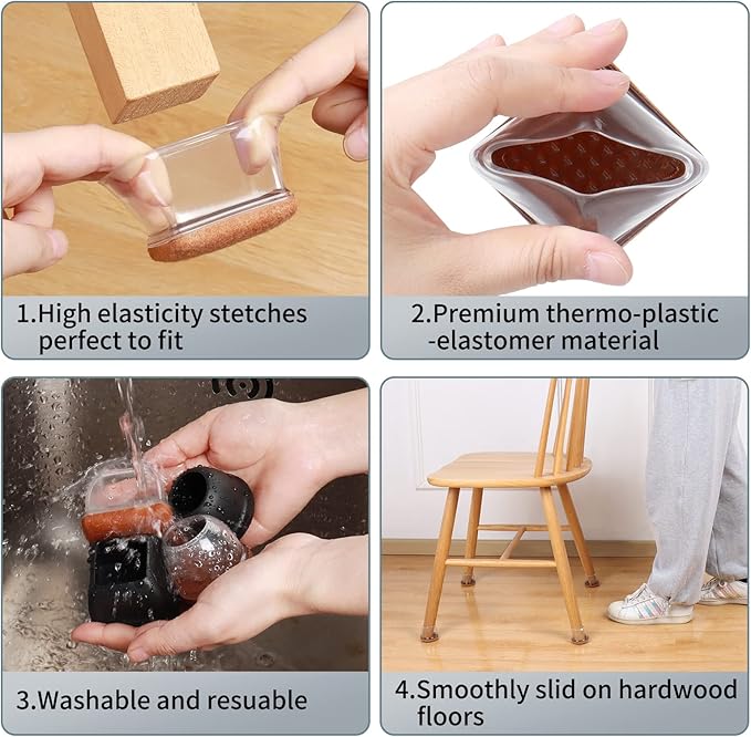 Ezprotekt 24 Pcs XL Square Clear Chair Leg Floor Protectors, Silicone Felt Furniture Pads Caps for Hardwood Floor, Dining Table Bar Stool Leg Protectors Leg Cups Covers (XL Fit: 1.5"-2")
