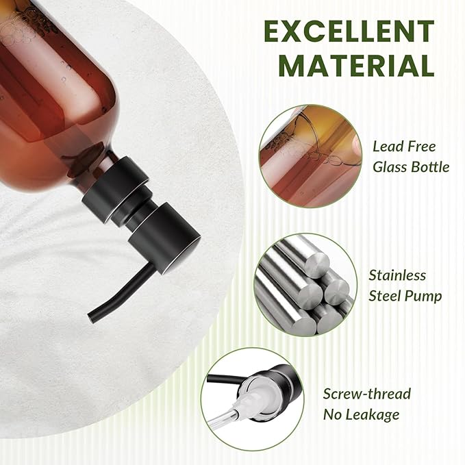 AmazerBath Amber Glass Soap Dispensers, 2 Glass Amber Pump Bottles, 17 Oz Dish Soap Dispenser, Kitchen Bathroom Hand Soap Dispensers for Hand Sanitiser, Shampoo, Lotion, Shower Gel Conditioner