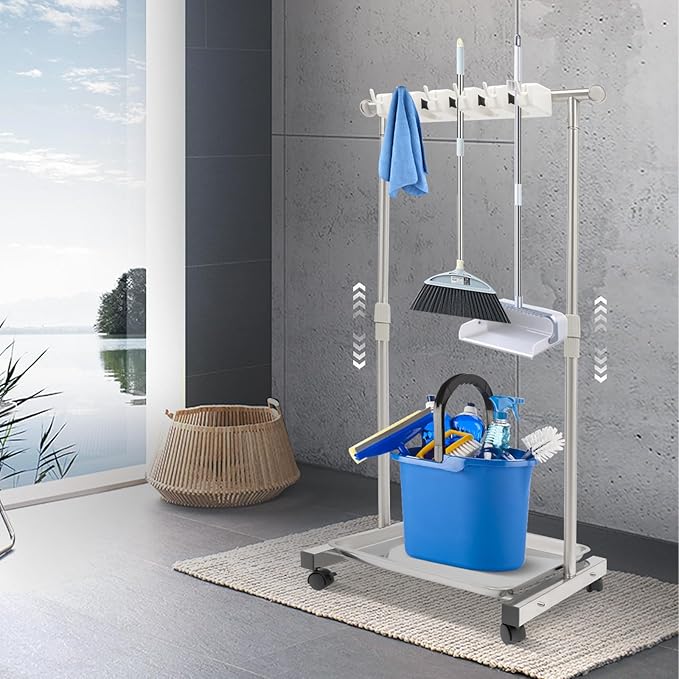 Broom Mop Holder, Movable Put Wet Mops Broom Floor Standing Cleaning Tool Rack 6 Hook and 5 Slots, Stainless Steel Cleaning Supplies Organizer for Home Schools Hospitals Factories Hotels Restaurant