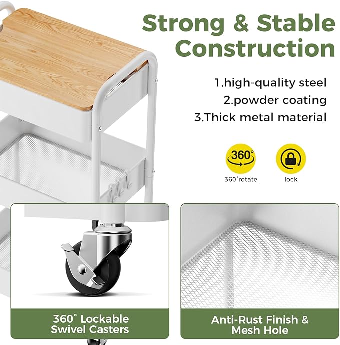 3 Tier Rolling Cart with Table top, Metal Rolling Utility Cart on Wheels, Sturdy Storage Organizer Cart with Hooks for Office, Classroom, Kitchen and Bathroom (White)