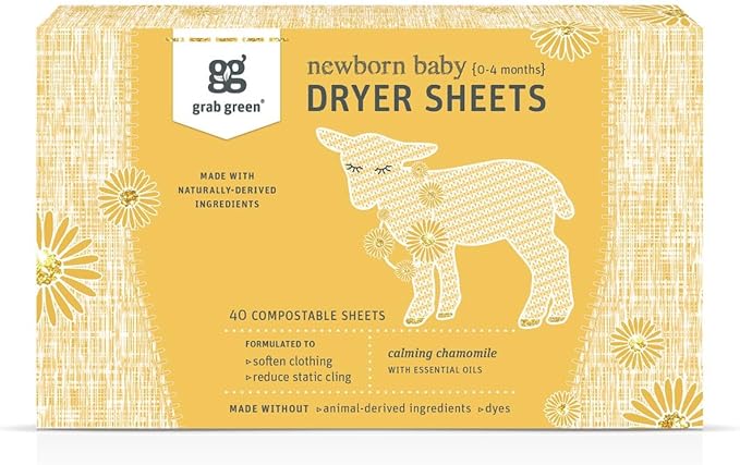 Grab Green Newborn Baby Dryer Sheets, 40 Sheets, Chamomile Scent, Plant and Mineral Based, Compostable, Softens Clothing and Linens, Reduces Static Cling