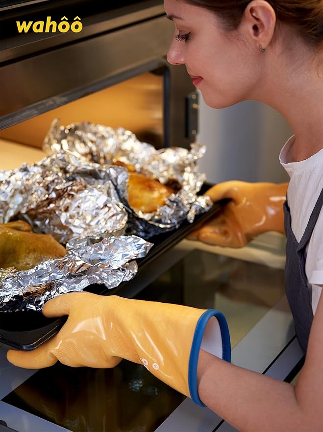 LANON Protection wahoo Liquid Silicone Smoker Oven Gloves, Food-Contact Grade, Heat Resistant Gloves for Cooking, Grilling, Baking, Yellow, XL/10