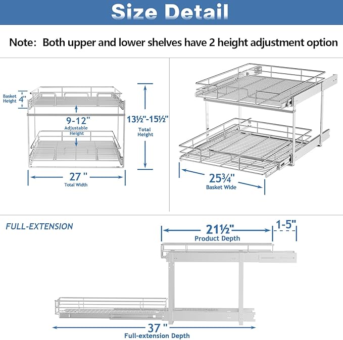 2 Tier Individual Pull Out Cabinet Organizer 27" W x 21½" D, Heavy Duty Cabinet Pull Out Shelves, Slide Out Drawers Organization for Kitchen Cabinets Bathroom