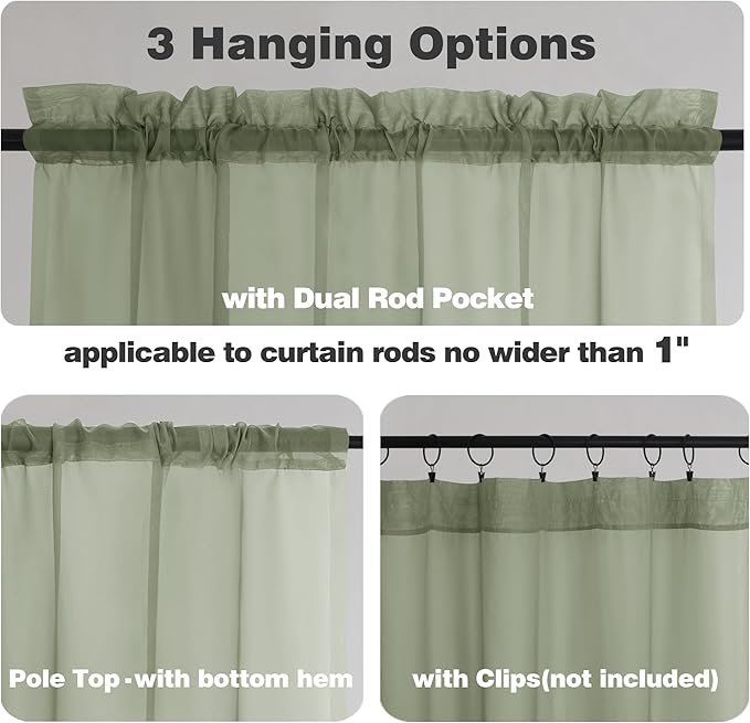 Chyhomenyc Sheer Curtains Tiers 42W x 24L Inches 2 Pieces Set, Light Filtering Small Curtains, Short Bathroom Living Room Cafe Basement Voile Window Curtain, Rod Pocket, Sage Green
