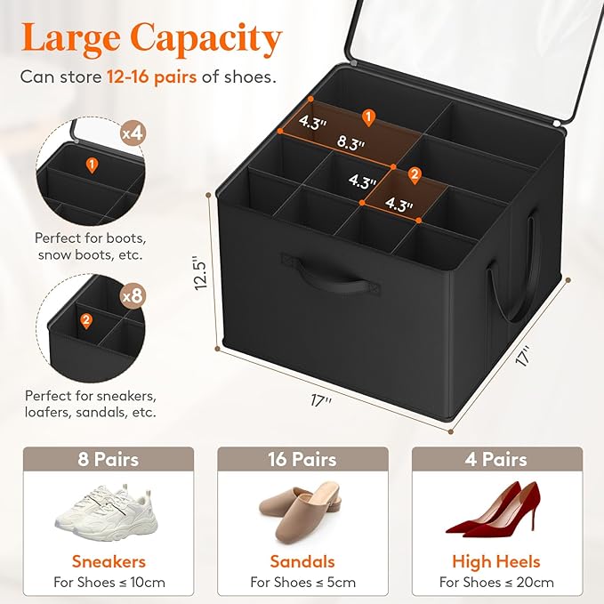 Lifewit Shoe Storage Organizer for Closet Fits 12-16 Pairs, Fabric Large Shoe Box Storage Container with Clear Cover, Foldable Bins Fit for Boots Heels Sneakers 17"(L) x 17"(W) x 12.5"(H) 1 Pack Black
