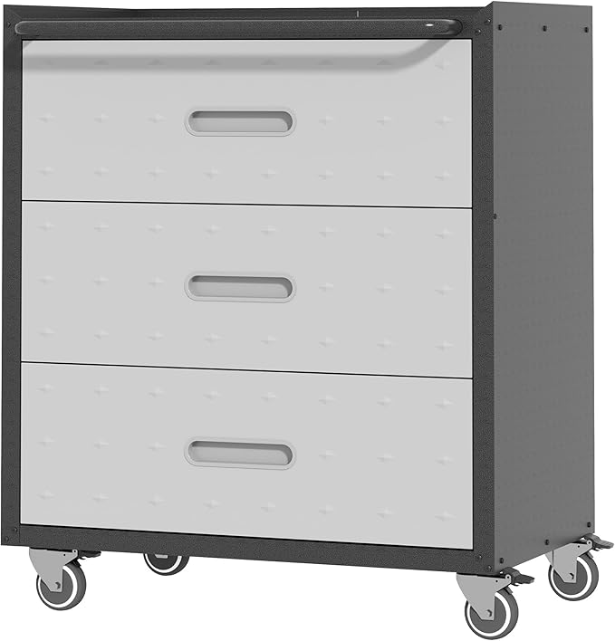 Metal Storage Cabinet with Wheels, Rolling Tool Cabinet, Garage Storage Cabinet with 3 Drawer for Tools, Assembly Required (Black/Grey)
