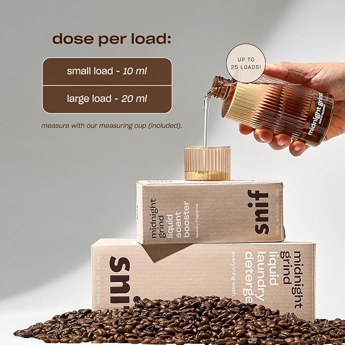 Snif Midnight Grind Scent Booster, Bold, Rich Espresso Scent, 25 Loads, Non-Irritating to Skin, Clean, Non-Toxic, Vegan, Cruelty Free, 8.5oz