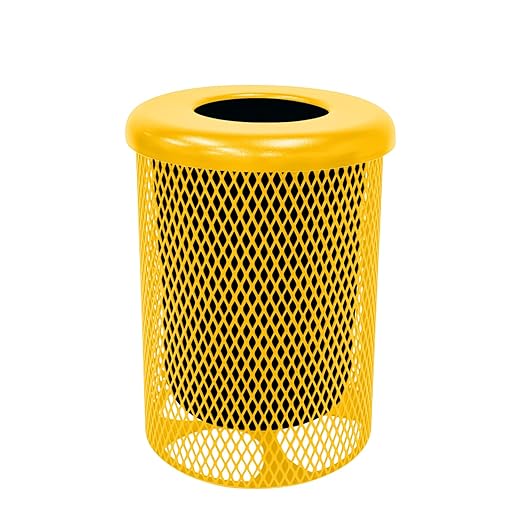 COATEDOUTDOORFURNITURE RFT-YEL Heavy Duty Round Trash Receptacle with Flat Top, Liner Included, 32 Gallon, Yellow, Made in America