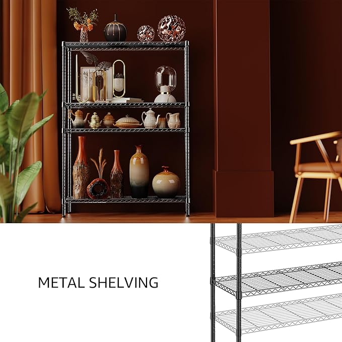 IZEUK 1400 LBS Garage Black Shelving Wide Storage Shelves 4 Tier Adjustable Heavy Duty Metal Wire Rack Standing Shelf Unit for Kitchen Office College Dorm Garage Warehouse 15.8" x 45.8"x 59.4"