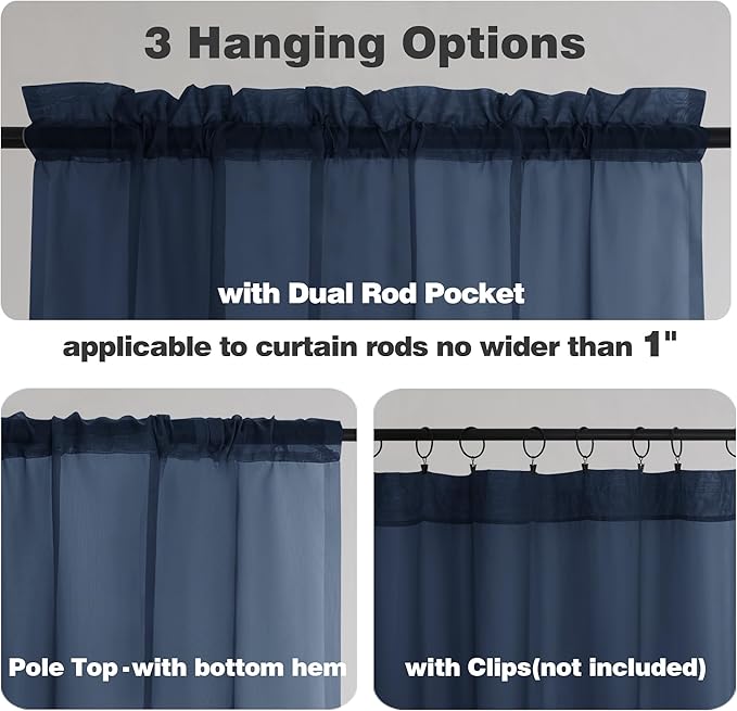 Chyhomenyc Voile Sheer Curtain Panels 45in Long 2 Pack, Short Bathroom Window Curtains for Small Window/Living Room/Guest Room/Basement, Airy Light Filtering Drapes, 42W x 45L inch, Navy Blue
