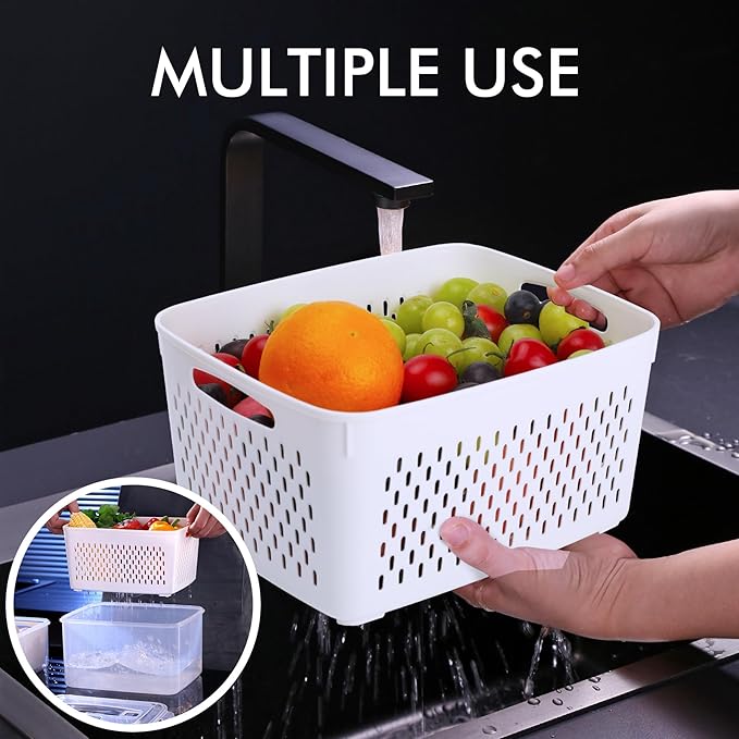 HOTEC 5-Pack Large Fruit Storage Container for Fridge Leak proof with Removable Colander, BPA Free Dishwasher & microwave safe Largest 4.15L