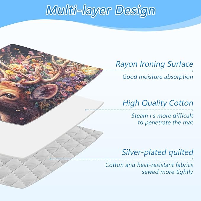 Deer with Butterfly Floral Ironing Mat Thickened Ironing Blanket Travel Portable Double-Side Using Ironing Pad Travel Isolate Heat Pad Cover for Washer Dryer Table Top Countertop 27.6x47.2in