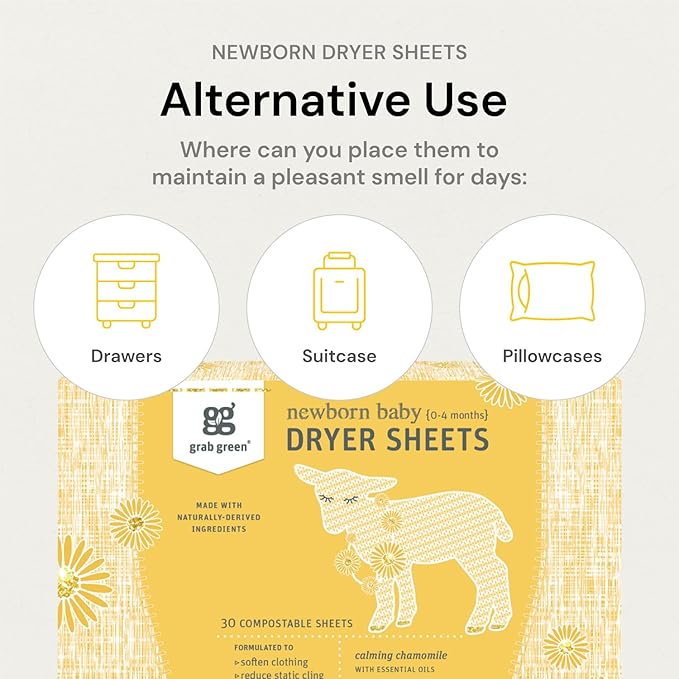 Grab Green Newborn Baby Dryer Sheets, 120 Sheets, Chamomile Scent, Plant and Mineral Based, Compostable, Softens Clothing and Linens, Reduces Static Cling