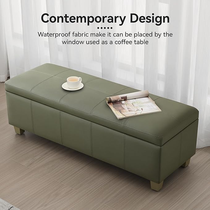 51" Faux Leather Storage Ottoman, Stitch Tufted Rectangle Upholstered End of Bed Storage Bench, Entryway Large Couch Ottoman with Wooden Legs,Green