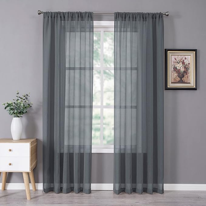 Tollpiz Sheer Curtains Bedroom Linen Textured Curtain Sheers Light Filtering Voile Rod Pocket Curtains for Living Room, 38 x 84 inches Long, Dark Grey, Set of 2 Panels