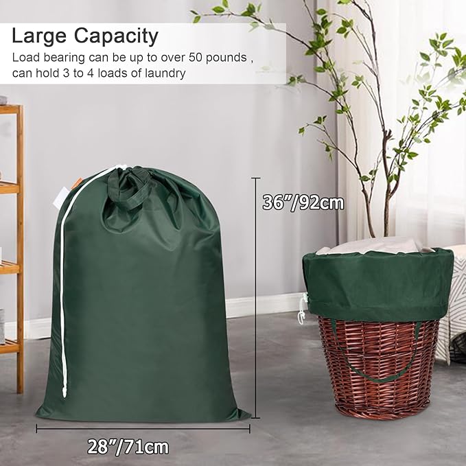 Polecasa Heavy Duty Large Laundry Bag with 130gsm Tear Resistant Fabric and Handles, Easy to Carry Durable Dirty Clothes Drawstring Bag, Perfect for College Dorm,Travel, 28”x36”,Green