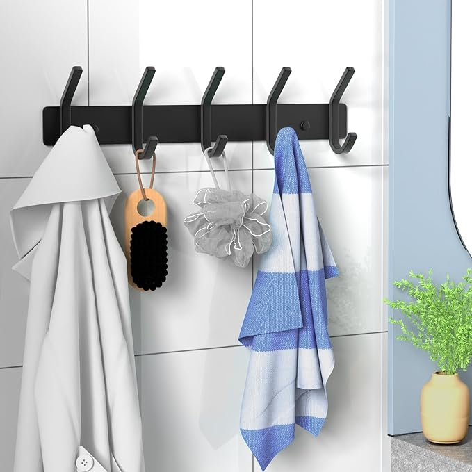 VAEHOLD Wall Hooks, Heavy Duty Aluminum Towel Hooks for Hanging Coat, Hat, Key, Clothes, Closet Hook Wall Mount for Kitchen, Bathroom, Office (“C“ Shape Coat 5 Hooks 2 Pack)