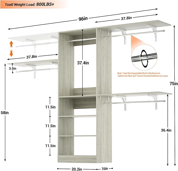 8FT Closet System with Shelves, 96'' Closet Organizer System with 3 Hanging Rods, Wall Mount Bedroom Wardrobe Walk-in Closet, Adjustable Cloth Garment Rack from 5 to 8FT(Cut to Fit), White Oak