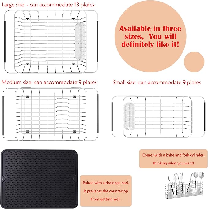 Stainless Steel Dish Drying Rack(15"L x 8.3"W x 4.2"D), Expandable Fruit & Vegetable Drain Rack over Sink, Dish Drainer Rack in Sink, with Stainless Steel Utensil Holder & 16" Silicone Mat