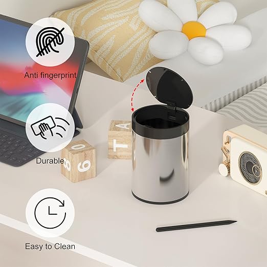 Mini Trash Can for Desk 0.4 Gallon,1.5L Stainless Steel mini Desk Trash can with Lid,Tiny Trash Can for Desk with 1 Roll Bags for Office, Home, Car,(Brushed Gray)