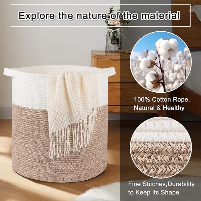 OIAHOMY 80L Laundry Hamper, Storage Basket with Handles, Laundry Basket For Toys, Pillows, Blankets,Clothes-20x18in-Brown&White