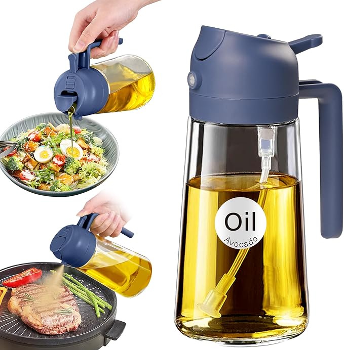 YARRAMATE 16oz/470ml Glass Olive Oil Sprayer for Cooking with Stickers, 2 in 1 Oil Dispenser for Kitchen Gadgets, Food Grade Premium Spray Bottle with Portion Control for Salad, BBQ (Navy)