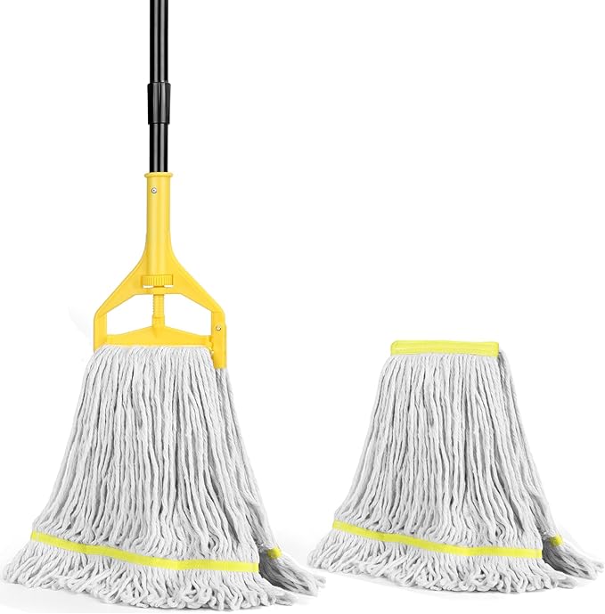 Beyoco Heavy Duty Commercial Industrial Cotton Mop with Long Handle,Looped-End String Wet Mops with Replacement Mop Head for Home,Garage,Office, Workshop, Warehouse Floor Cleaning