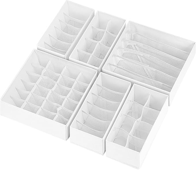 6 Pack Sock Underwear Drawer Organizer Dividers, 58 Cell Foldable Fabric Dresser Closet Organizers and Storage Bins for Clothing, Baby Clothes, Bra, Panty, Scarf, Ties (White)