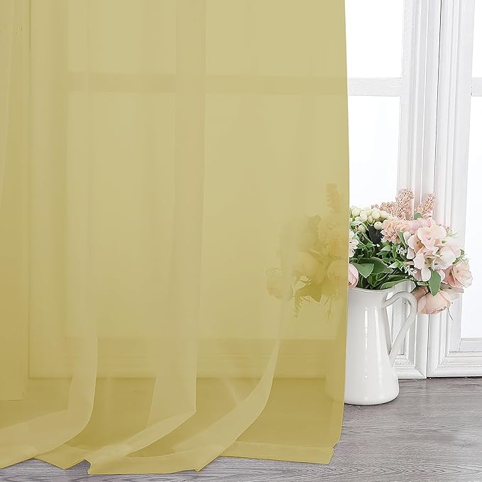 Chyhomenyc Sheer Yellow Curtains 90 inches Long 2 Panels, Light Filtering Soft Airy Solid Elegant Voile Window Treatment Drapes for Bedroom Living Room Wedding Party Decor, 42 Wx90 L Inches