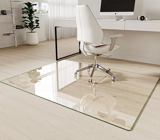 Koonmi Tempered Glass Chair Mat 60"x46" - Premium Office Chair Mat for Hardwood Floors & Low-Pile Carpet with 4 Non-Slip Pads - Thick Scratch-Resistant Surface