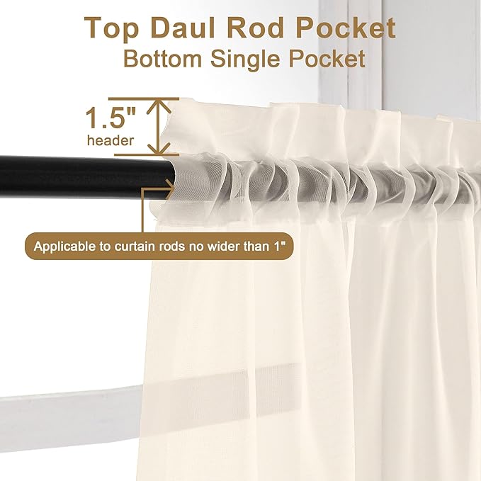 Chyhomenyc Cream Sheer Curtains 36 inch Length 2 Panels Set, Light Filtering Voile Short Window Curtians for Bathroom Living Room Farmhouse Small Windows, Each 42Wx36L in, 2PCS