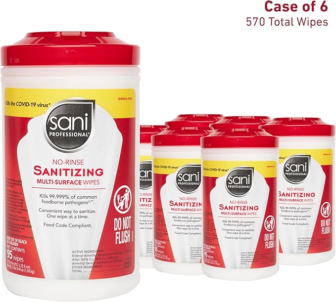 PDI Sani-Professional No-Rinse Sanitizing Wipes, Multi-Surface Cleaning for Food Contact Surfaces, Kitchens, Restaurant Tables, 95 Large 7.75" x 9" Wipes per Canister