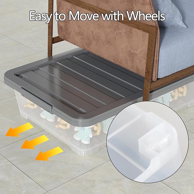 Readsky 3 Packs Large Clear Wheeled Latching Box, 40 L Plastic Underbed Storage Box with Gray Lid