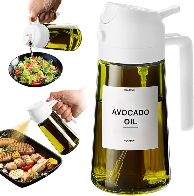 TrendPlain - Original 16oz/470ml Olive Oil Dispenser Bottle for Kitchen Gadgets and Air Fryer Accessories - Olive Oil Sprayer for Cooking w/Stickers - White