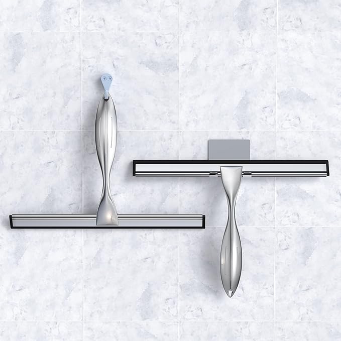 Shower Squeegee Set, 10-Inch Stainless Steel Squeegee for Bathroom, Shower Doors, Mirrors, Tiles, and Car Windows - 100% Streak Free, Includes Shower Door Hook, Adhesive Hook and Spare Silicone Blade