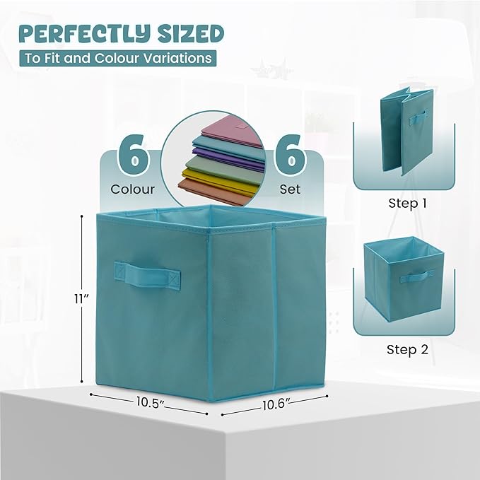4E's Novelty 6 Pack 11 Inch Pastel Color Storage Foldable Cube Bins, Colorful Storage Baskets For Nursery, Kids Room, Fabric Baskets For Toys, Clothes, Classroom Organization and Storage