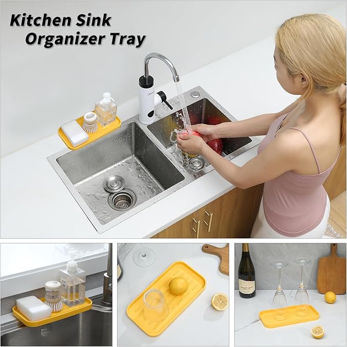 Silicone Kitchen Sink Organizer Tray for Multiple Usage,Easy Clean,Eco-Friendly Sponges Holder for Kitchen Bathroom Counter or Sink,Dish Soap Dispenser,Scrubber,Bottle,Cup Yellow 10”x 5.3”
