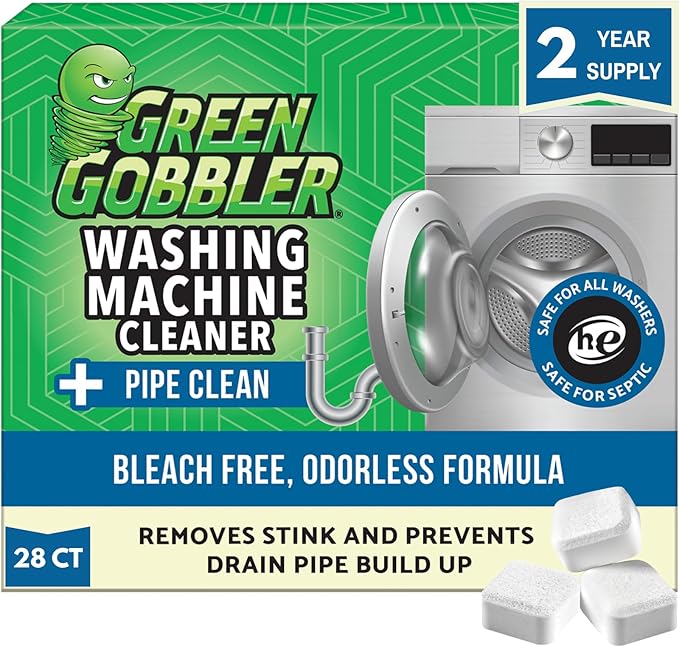 Green Gobbler Washing Machine Cleaner Tablets with Pipe Clean Technology Deodorizer | Front & Top Load Washer | 28 Count