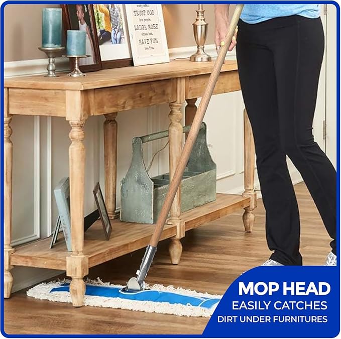 Nine Forty 48" Premium Cotton Dust Mop Kit - Heavy Duty Mop Head with Wood Handle for Industrial, Commercial, and Residential Cleaning - Dry Floor Duster for Hardwood Surfaces - White
