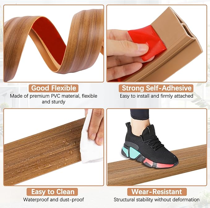 Vinyl Door Threshold Flooring Transition Strip Self Adhesive Carpet Edging Strip for Laminate Doorway Edge Threshold from 1/5" to 2/5" (Light Brown Wood Grain, 10 Ft)