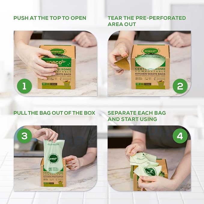 ANECO Compostable Trash Bags 4 Gallon (Flat-Top, 100 Count), Extra Strong for Medium Kitchen Garbage, OK Compost HOME & BPI Certified Compostable