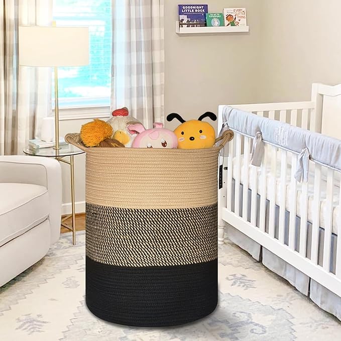 COMSE Extra Large Blanket Basket, Tall Woven Storage Basket, Nursery Hamper, 15.7”x 21.7”, Cotton Rope Laundry Hamper for Toys Clothes Towels, Brown/Black