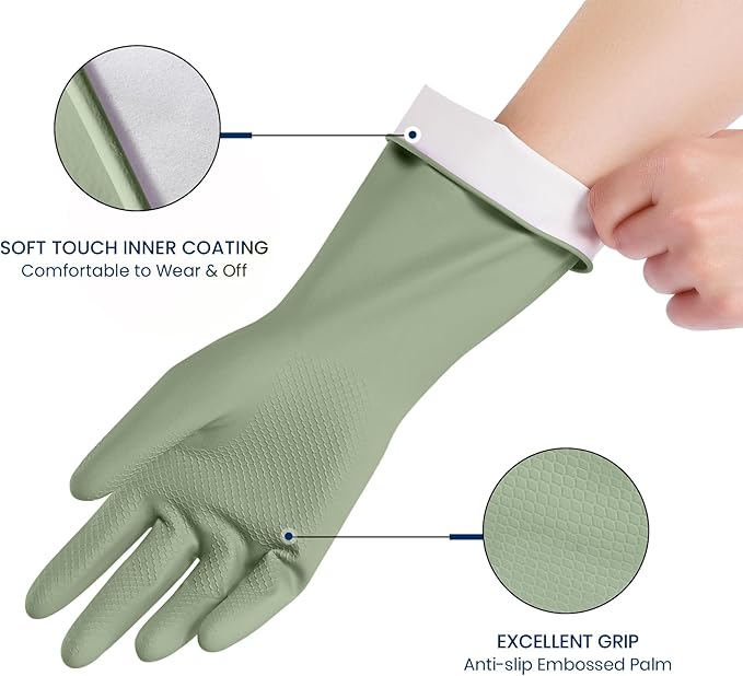 Rubber Cleaning Gloves for Dishwashing, 4 Pairs Reusable Kitchen Gloves for Washing Dishes and Household Cleaning, Green Dish Gloves with Flocked Lining and Non-Slip Grip, Pefect for Woman Men - L