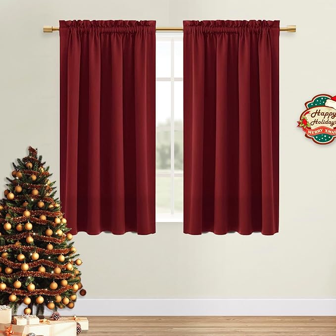 DWCN Christmas Burgundy Room Darkening Blackout Curtains - Thermal Insulated Privacy Energy Saving Window Curtain Drapes 38 x 45 inch Length, Set of 2 Bedroom Living Room Curtains