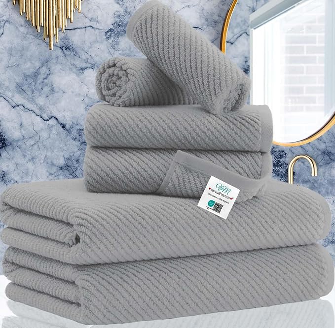 VOOVA & MOVAS Grey Bathroom Towel Sets - 100% Cotton | Lightweight | Quick Dry | Thick | Soft, 6 Piece Towel Set, 2 Large Bath 30"x56", 2 Hand 18"x28", 2 Washcloths 13"x13", Bathroom Essentials, Gray