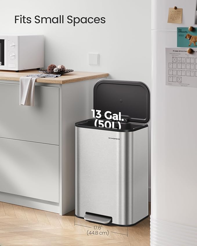 SONGMICS Kitchen Trash Can, 13-Gallon (50 L) Garbage Can with Lid, Stainless Steel, Soft Close and Stays Open, Inner Bucket, Wide Non-Slip Pedal, Metallic Silver ULTB547E01